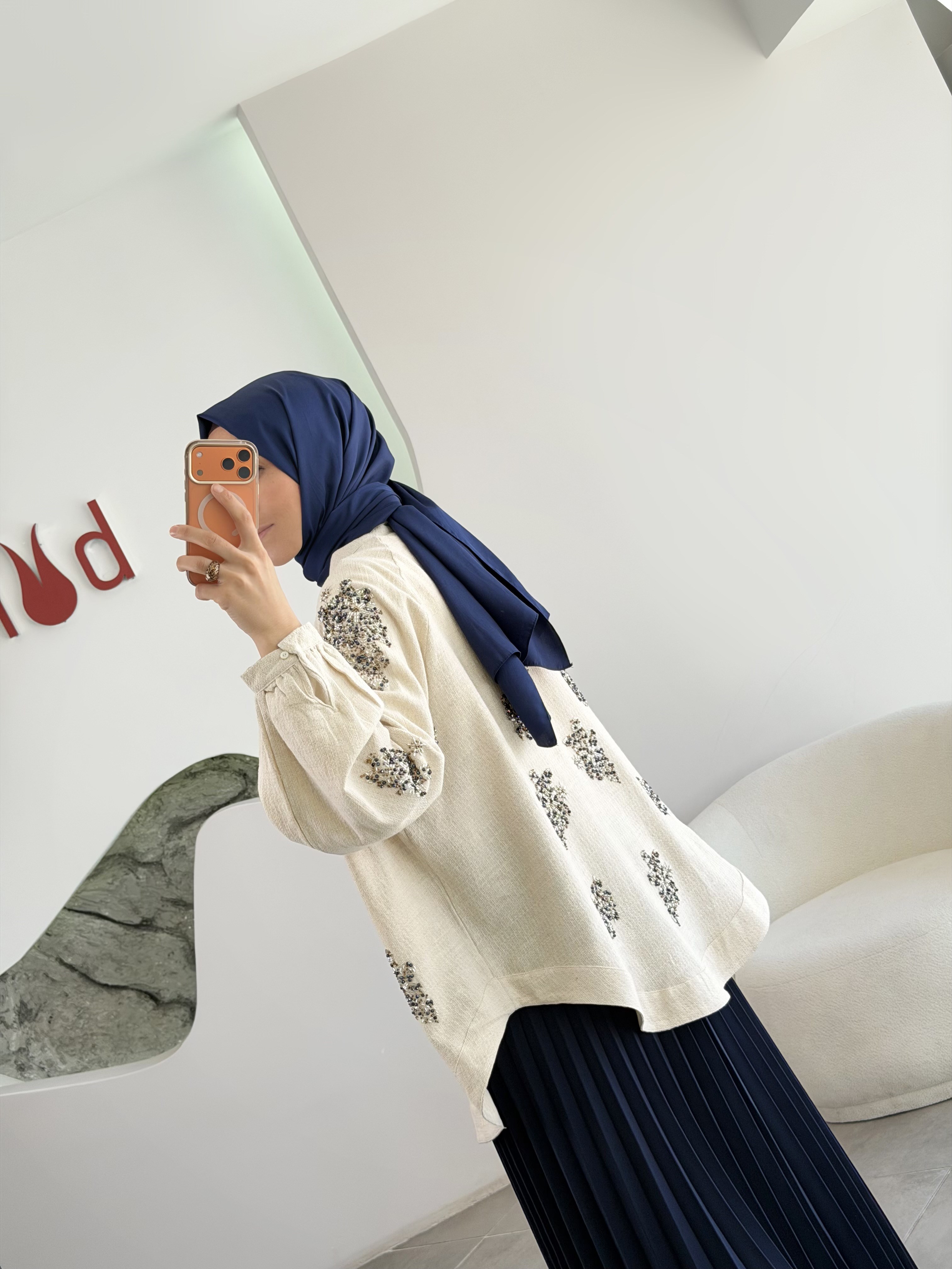 Naturel Renk Taş Boncuk İşlemeli Keten Kimono