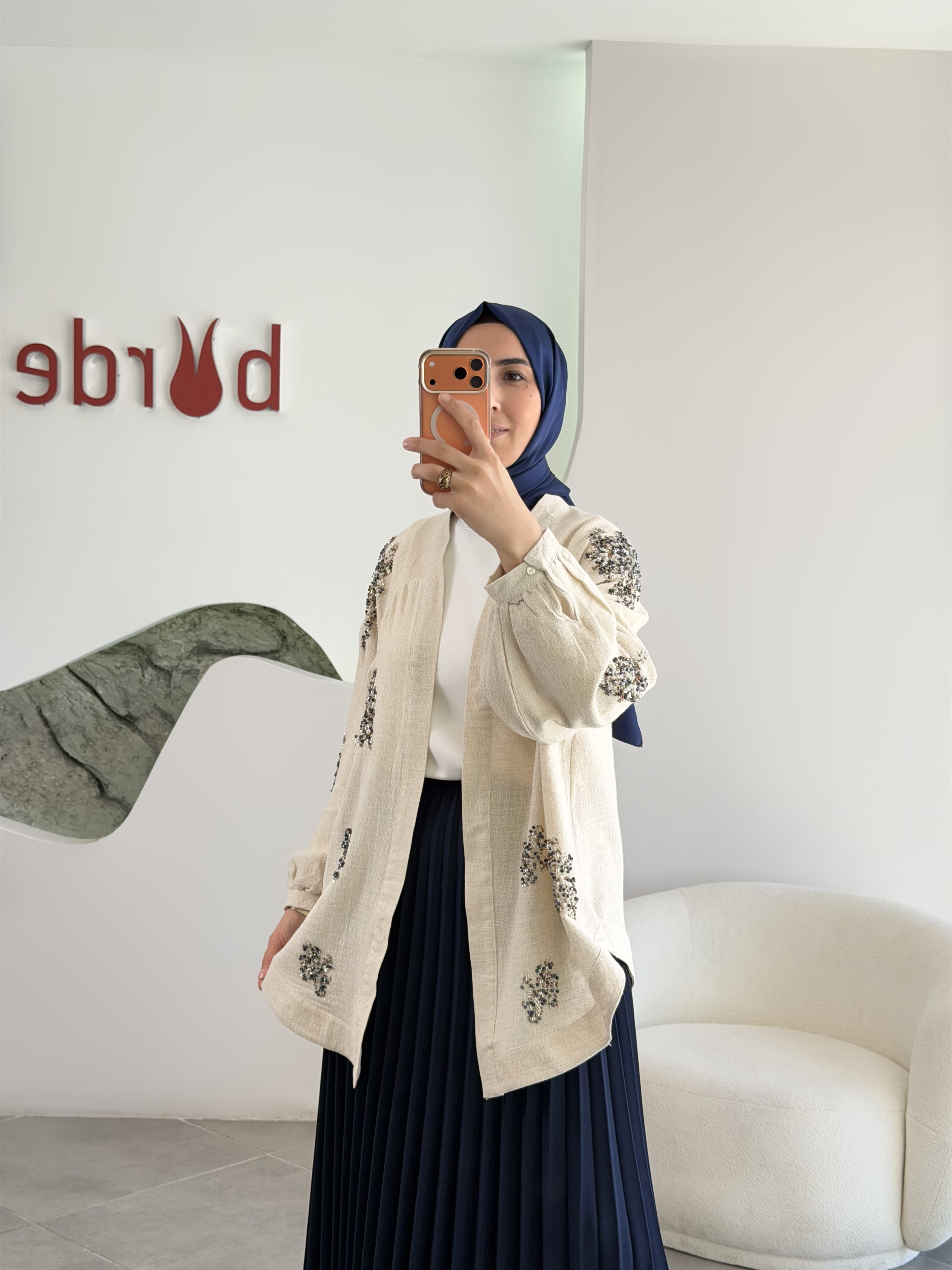Naturel Renk Taş Boncuk İşlemeli Keten Kimono