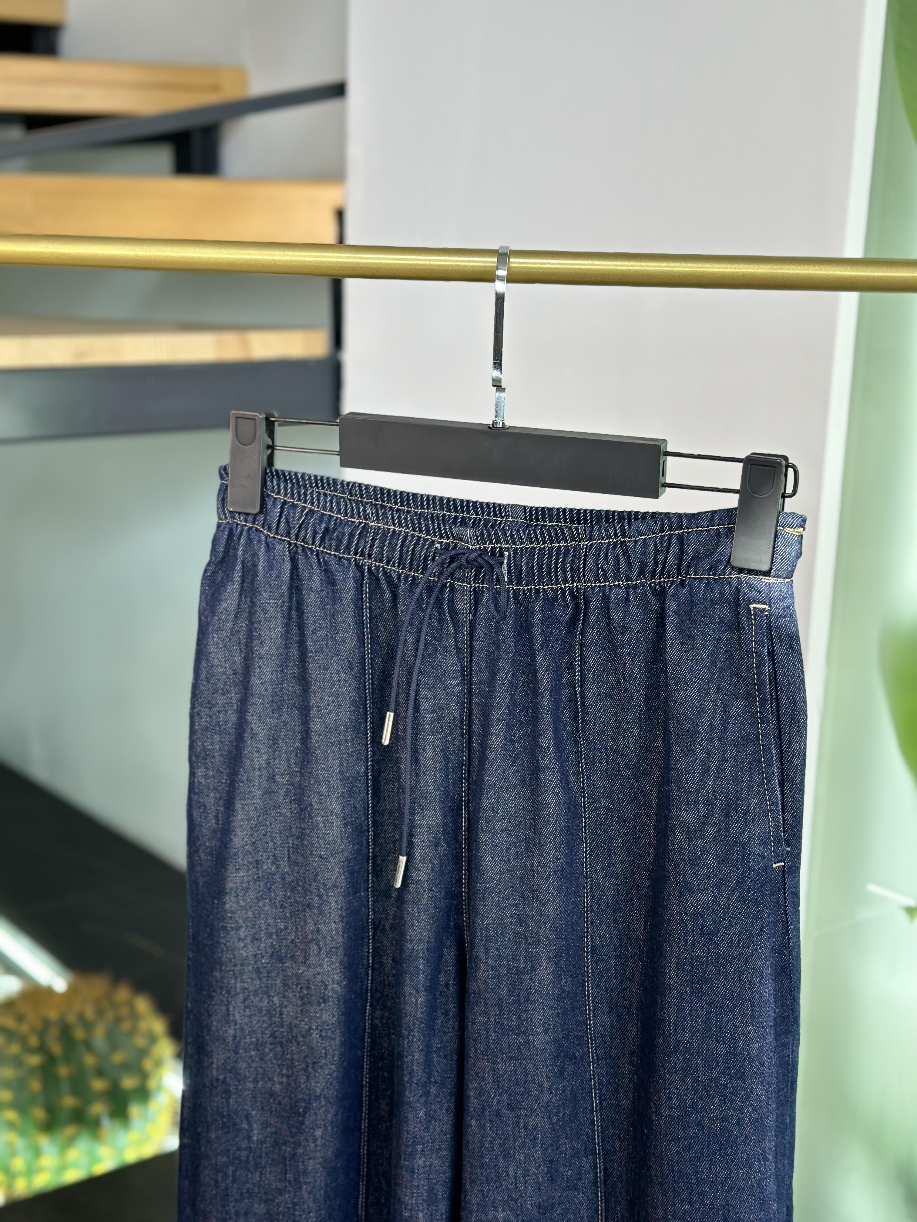 Nervürlü Geniş  Paça Lacivert Renk Kadın Denim Pantolon