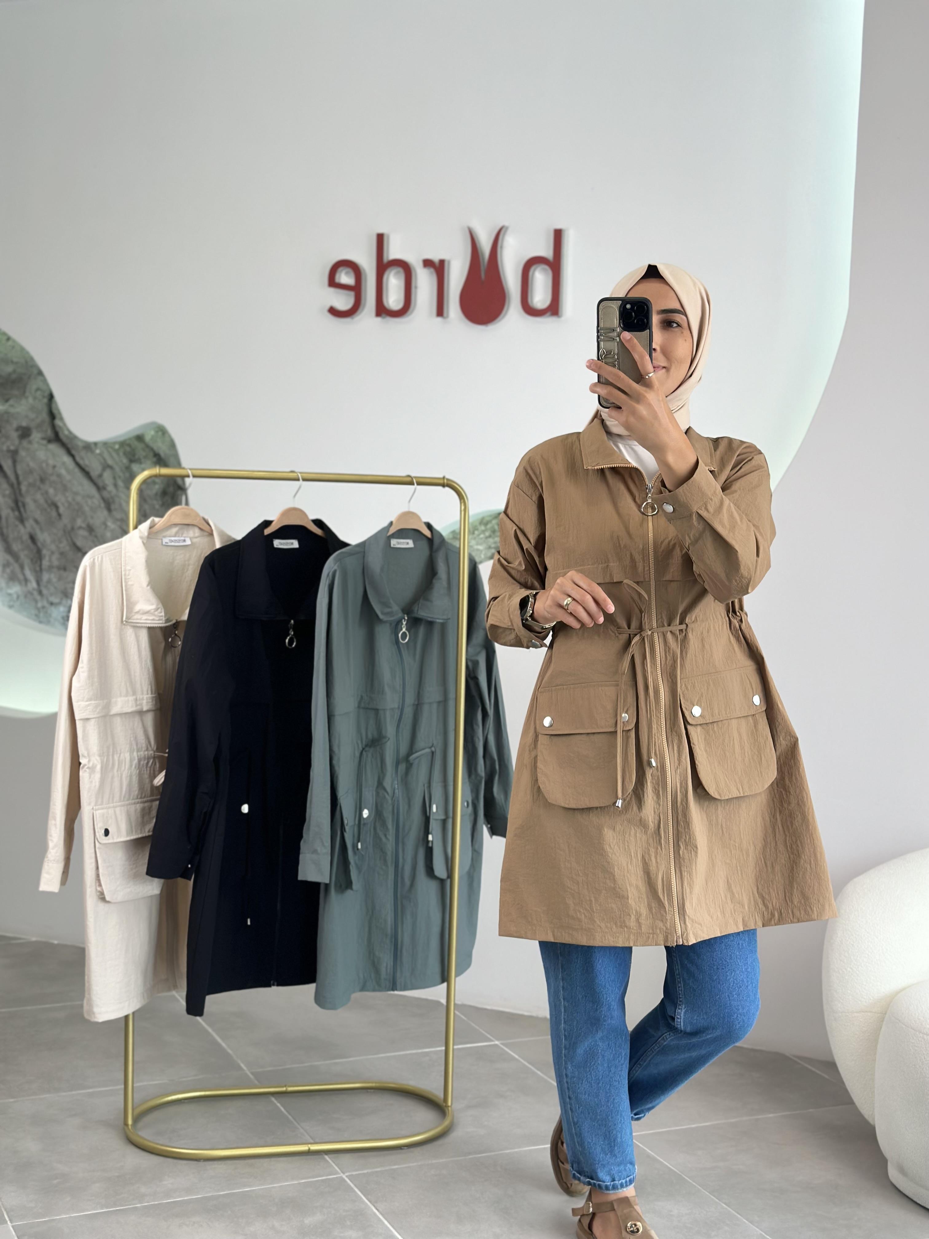 Paraşüt Kumaş Torba Cepli Camel Renk Kadın Ceket