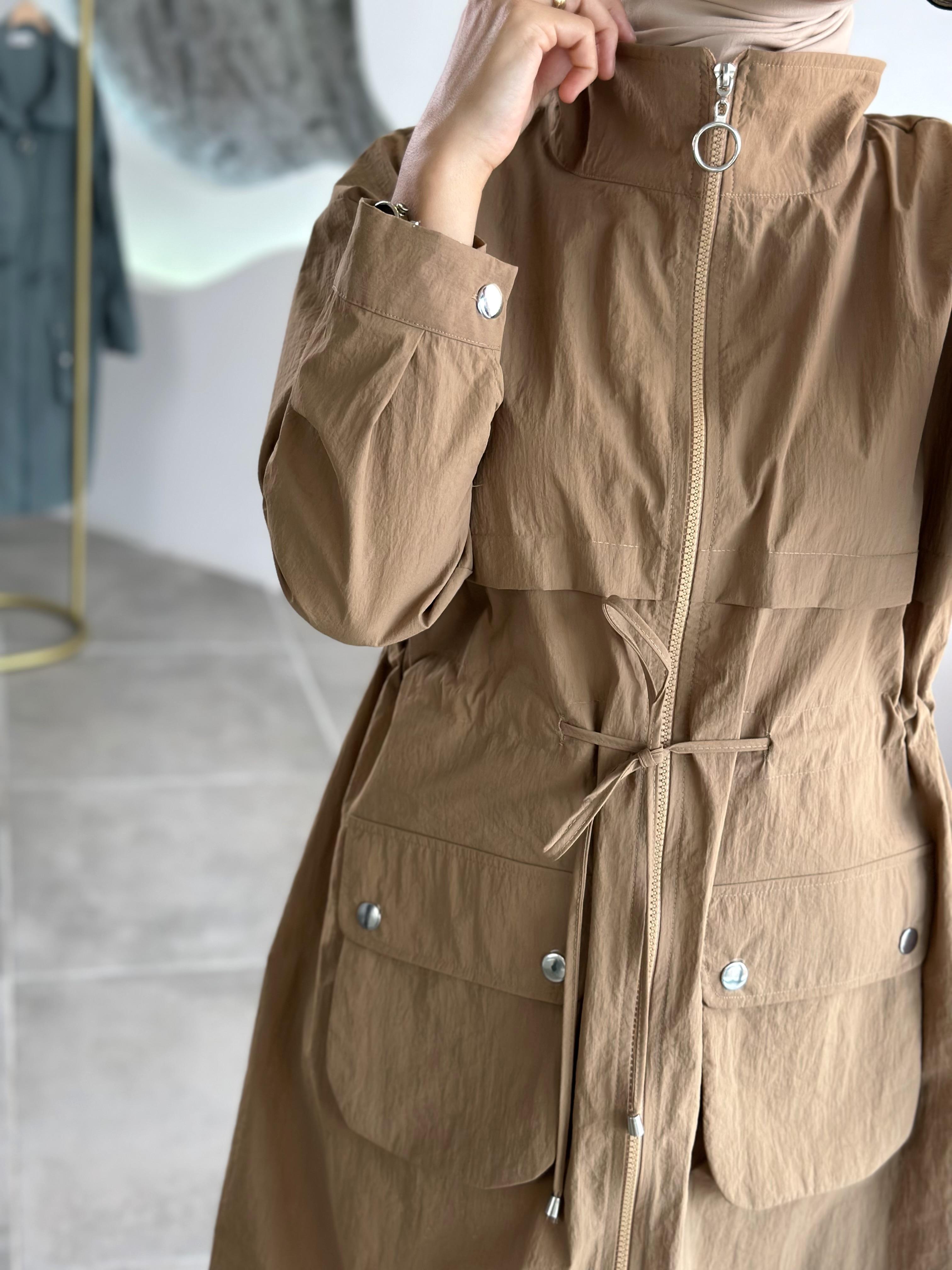 Paraşüt Kumaş Torba Cepli Camel Renk Kadın Ceket