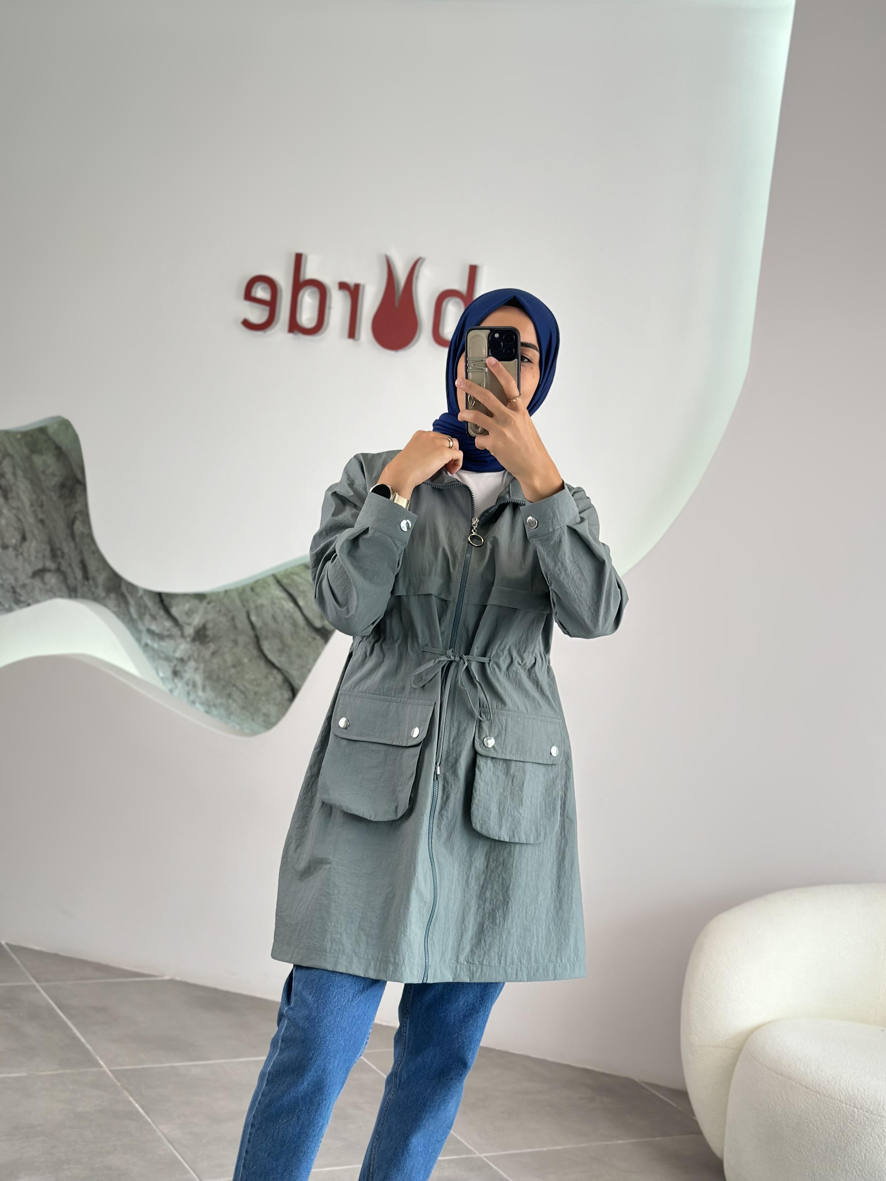 Paraşüt Kumaş Torba Cepli Mint Renk Kadın Ceket