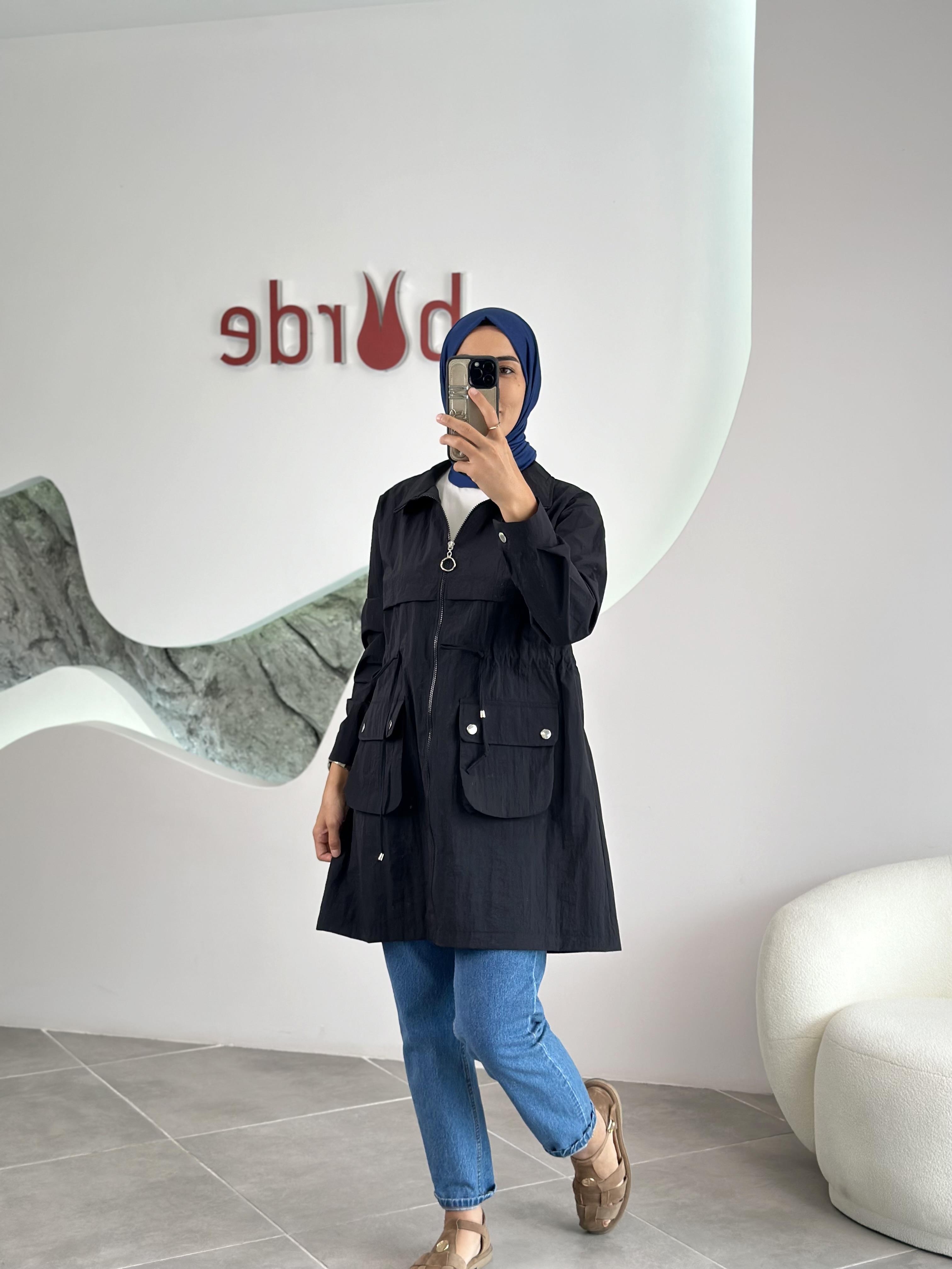 Paraşüt Kumaş Torba Cepli  Siyah Renk Kadın Ceket