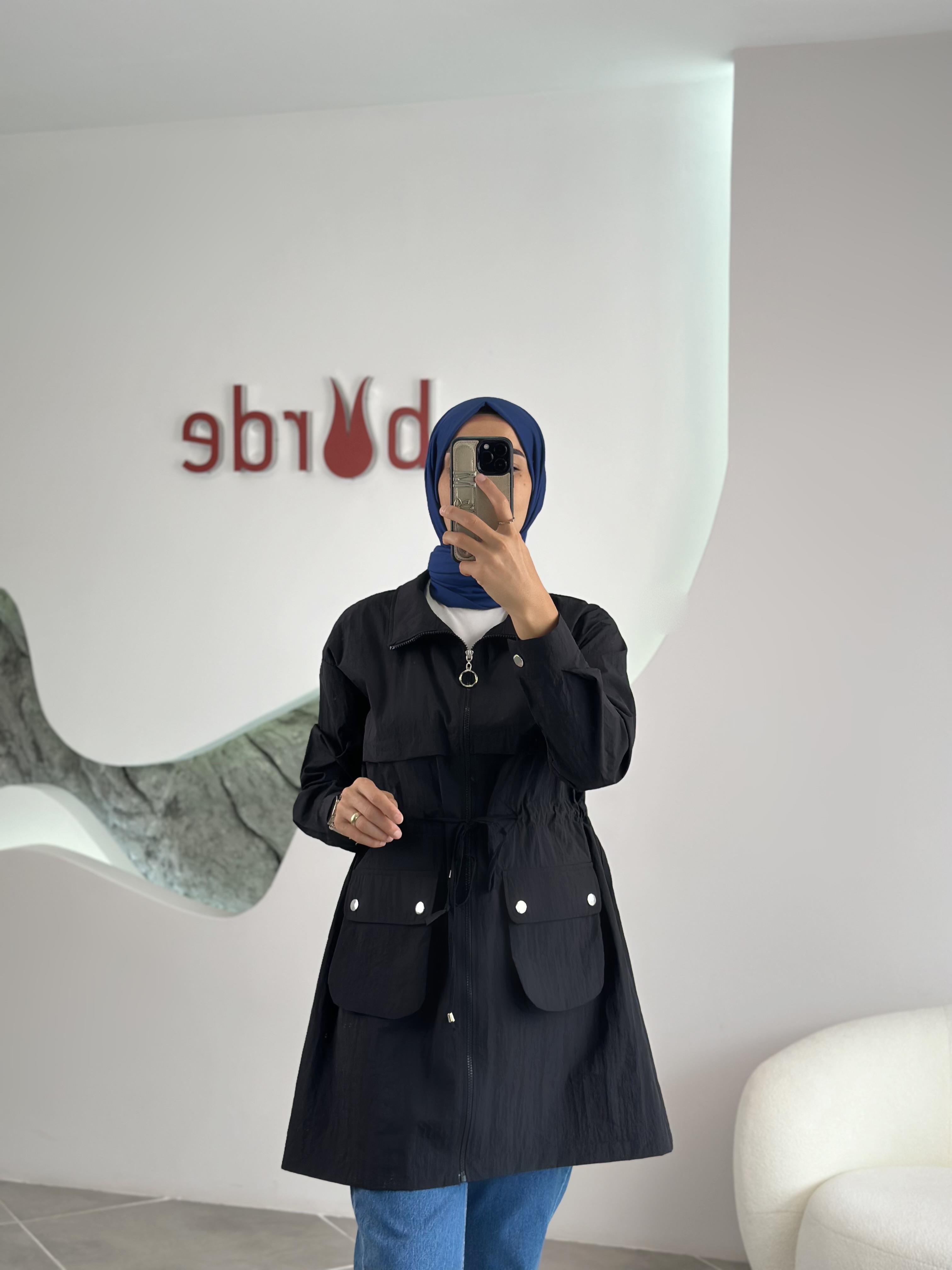 Paraşüt Kumaş Torba Cepli  Siyah Renk Kadın Ceket