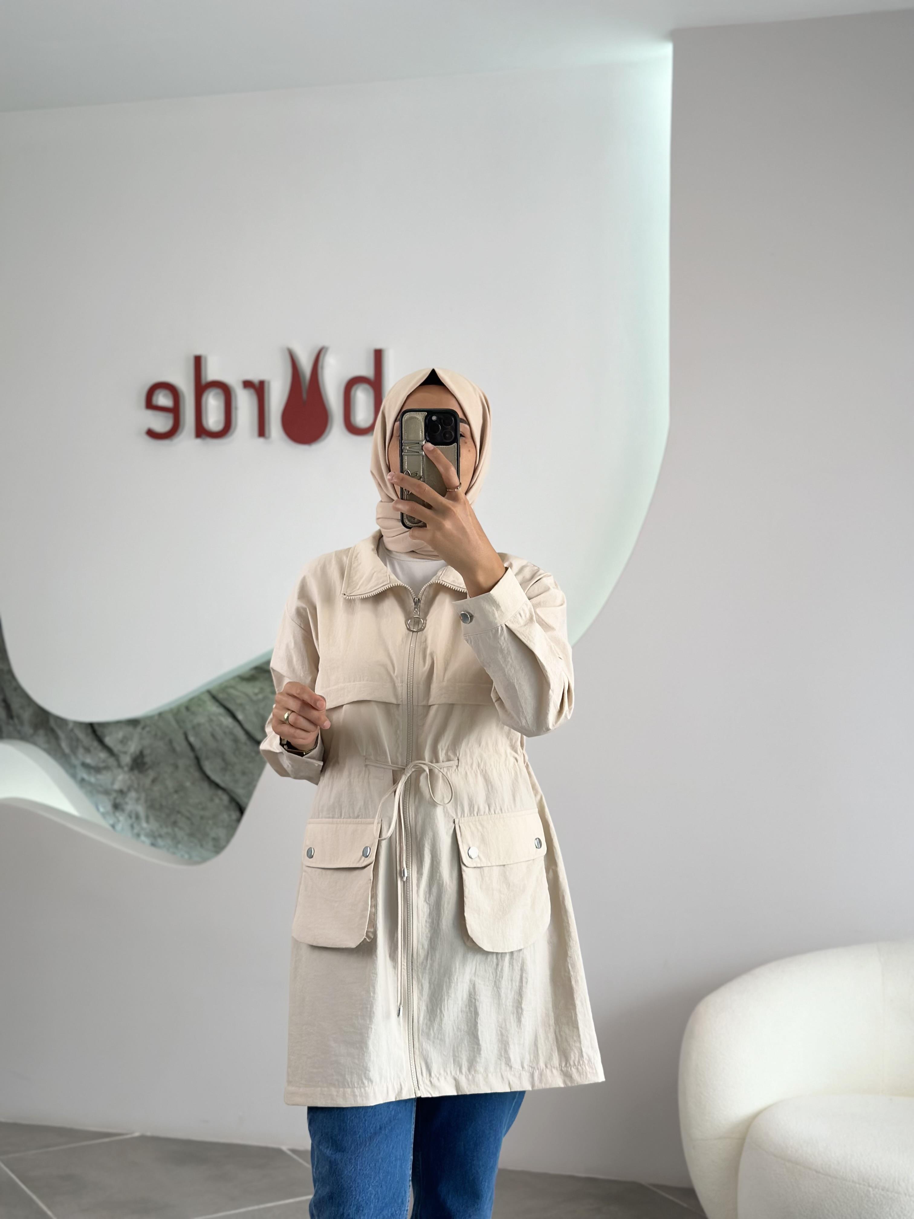 Paraşüt Kumaş Torba Cepli Taş Renk Kadın Ceket