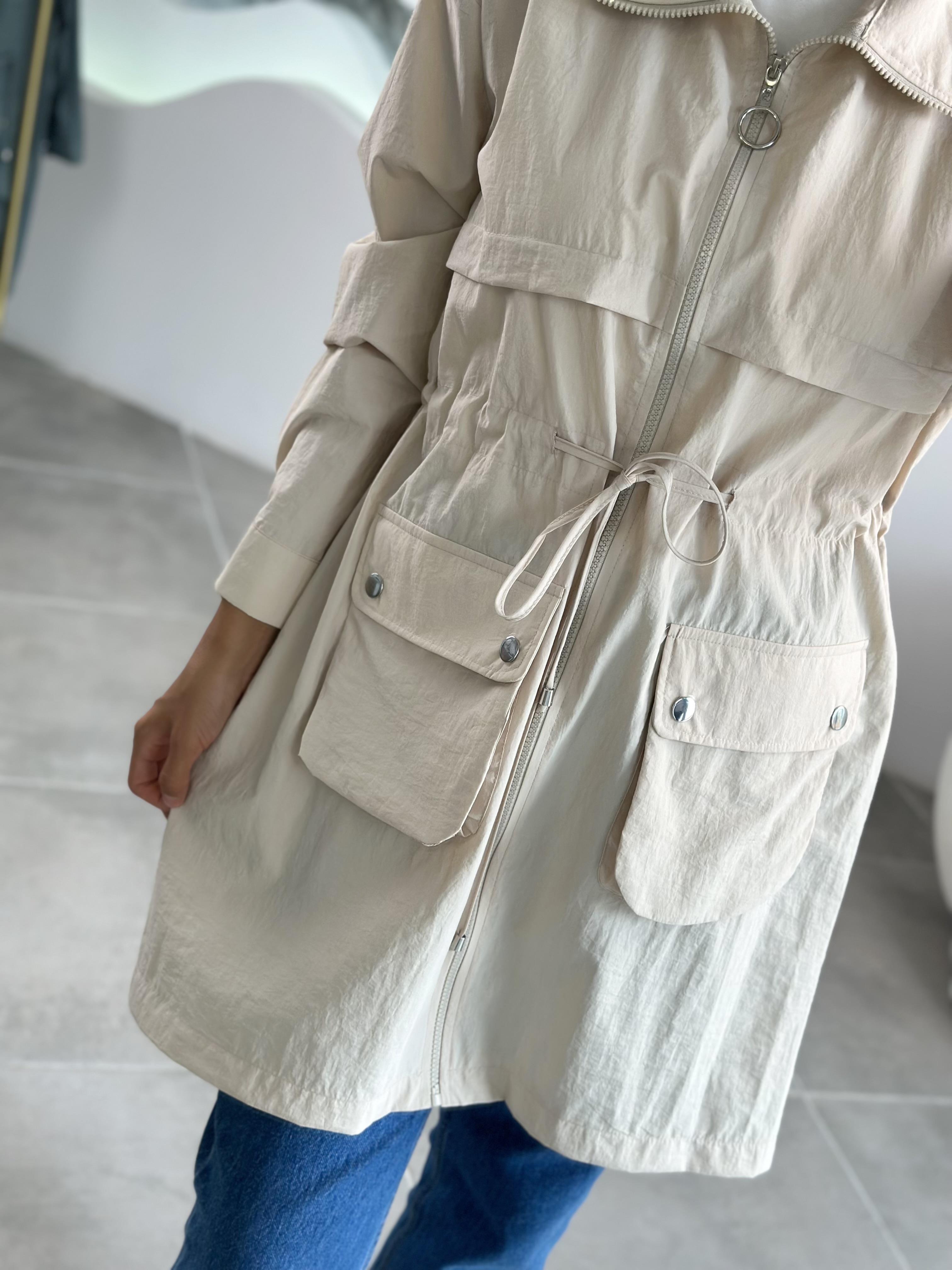 Paraşüt Kumaş Torba Cepli Taş Renk Kadın Ceket