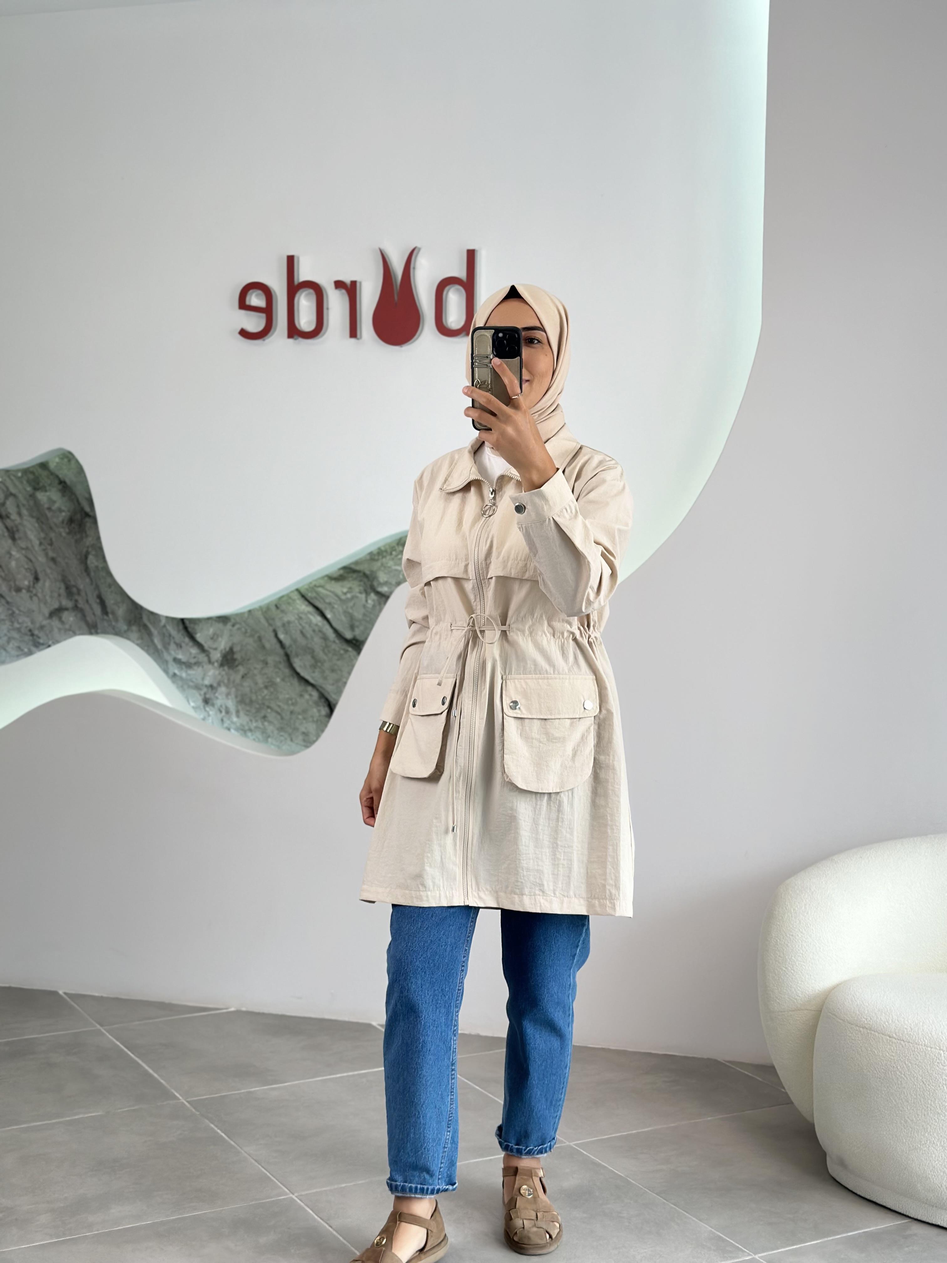 Paraşüt Kumaş Torba Cepli Taş Renk Kadın Ceket