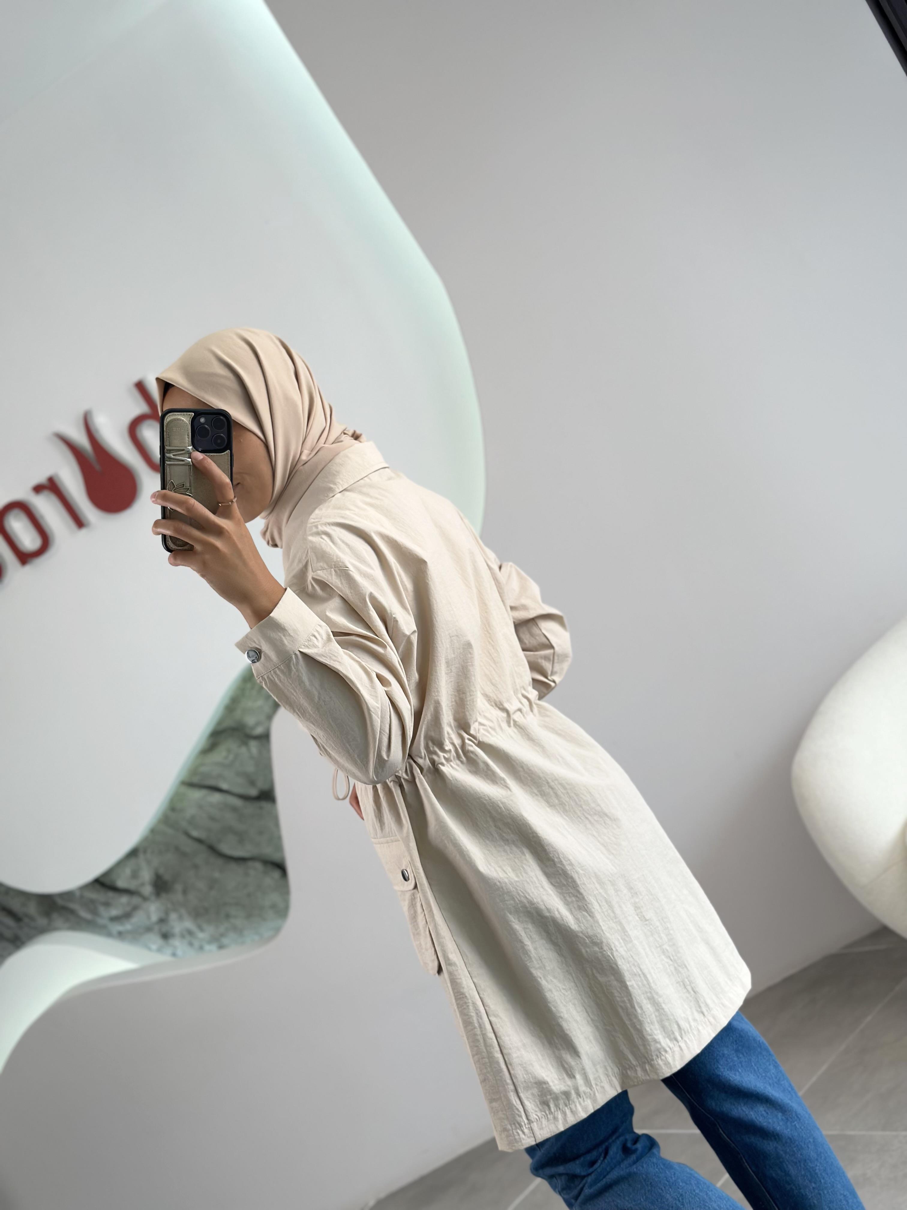 Paraşüt Kumaş Torba Cepli Taş Renk Kadın Ceket