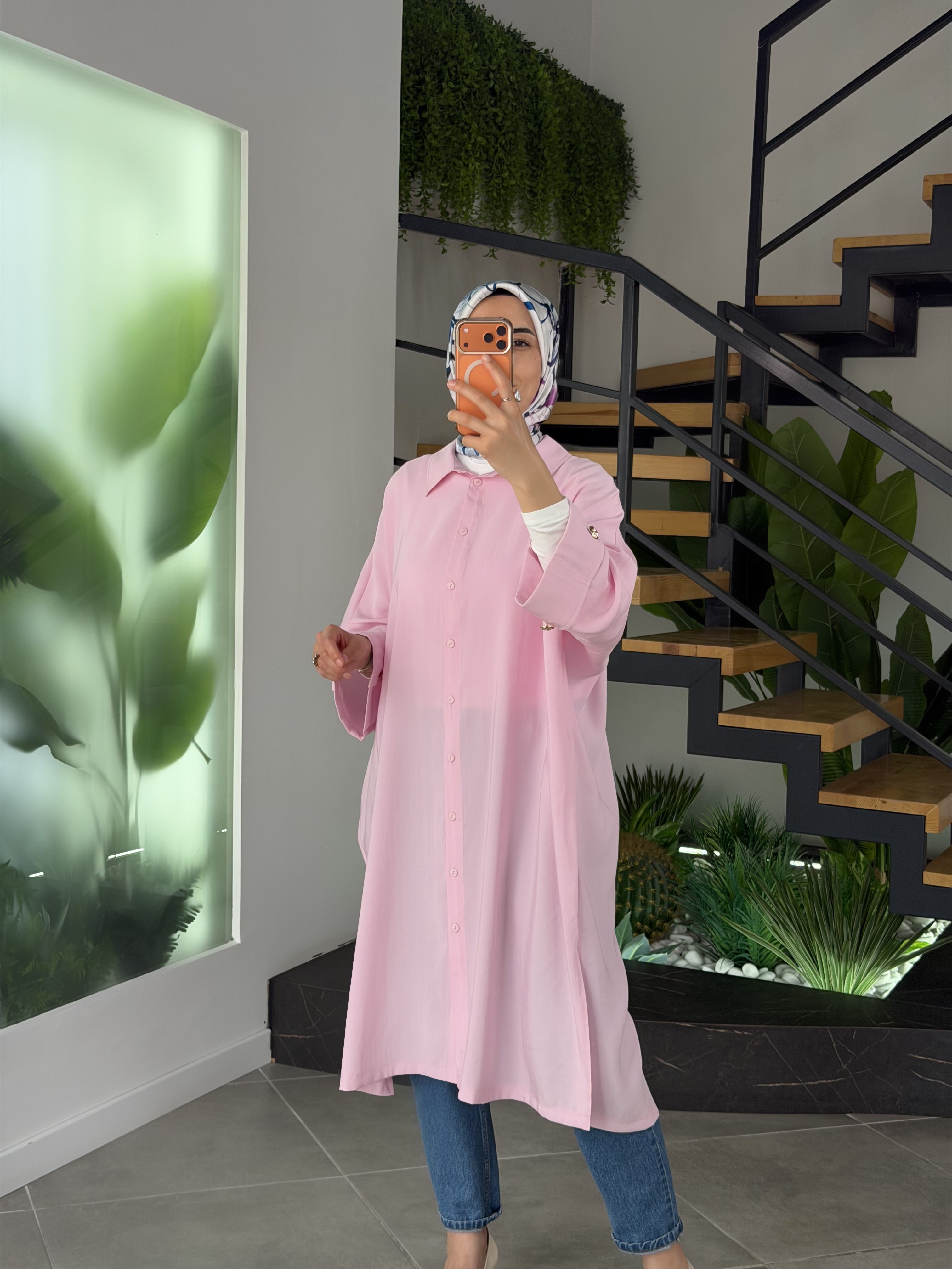 Pembe Renk Kol Manşet Detaylı Gömlek Tunik