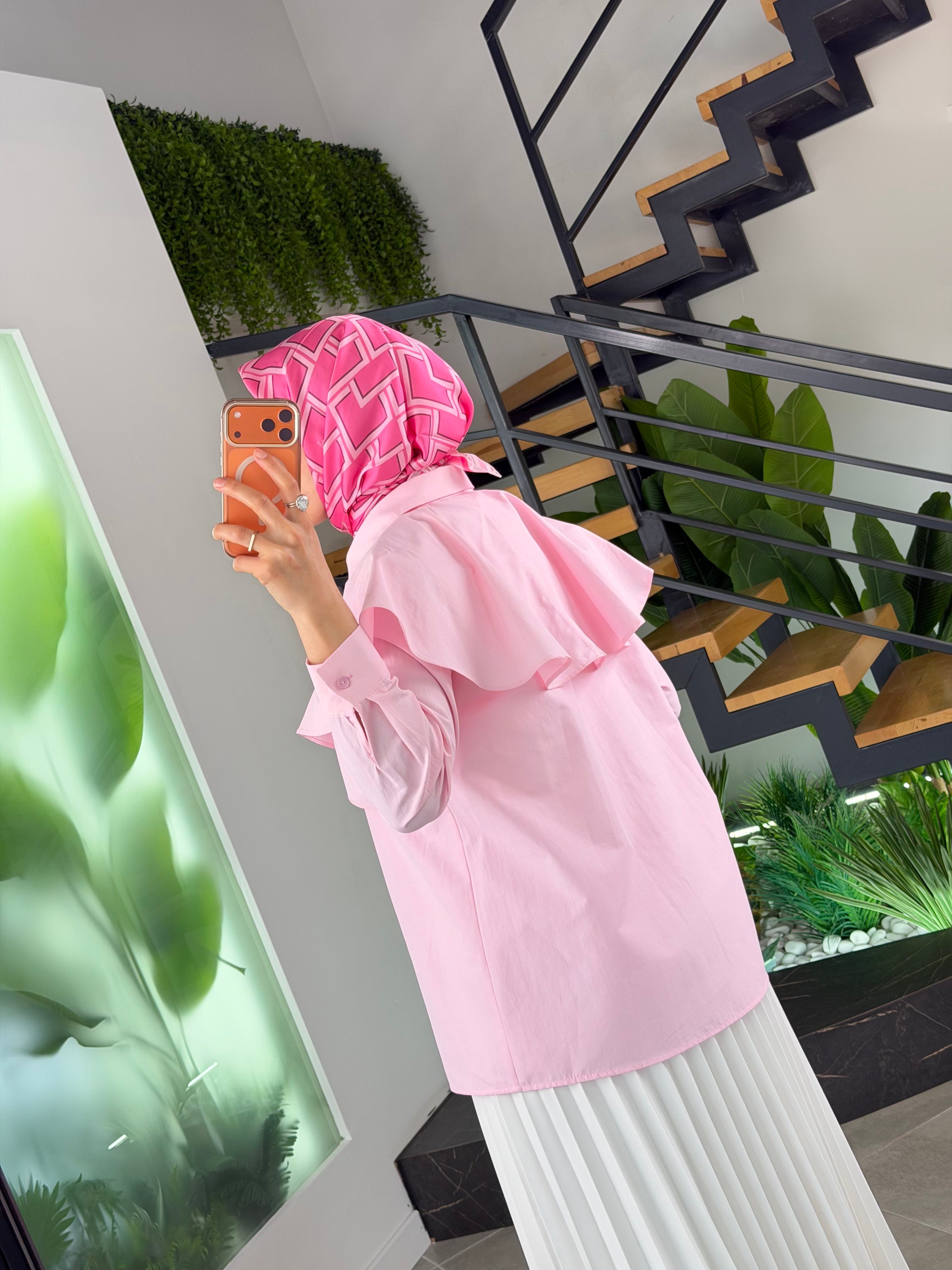 Pembe Renk Pelerin Detaylı Poplin Gömlek