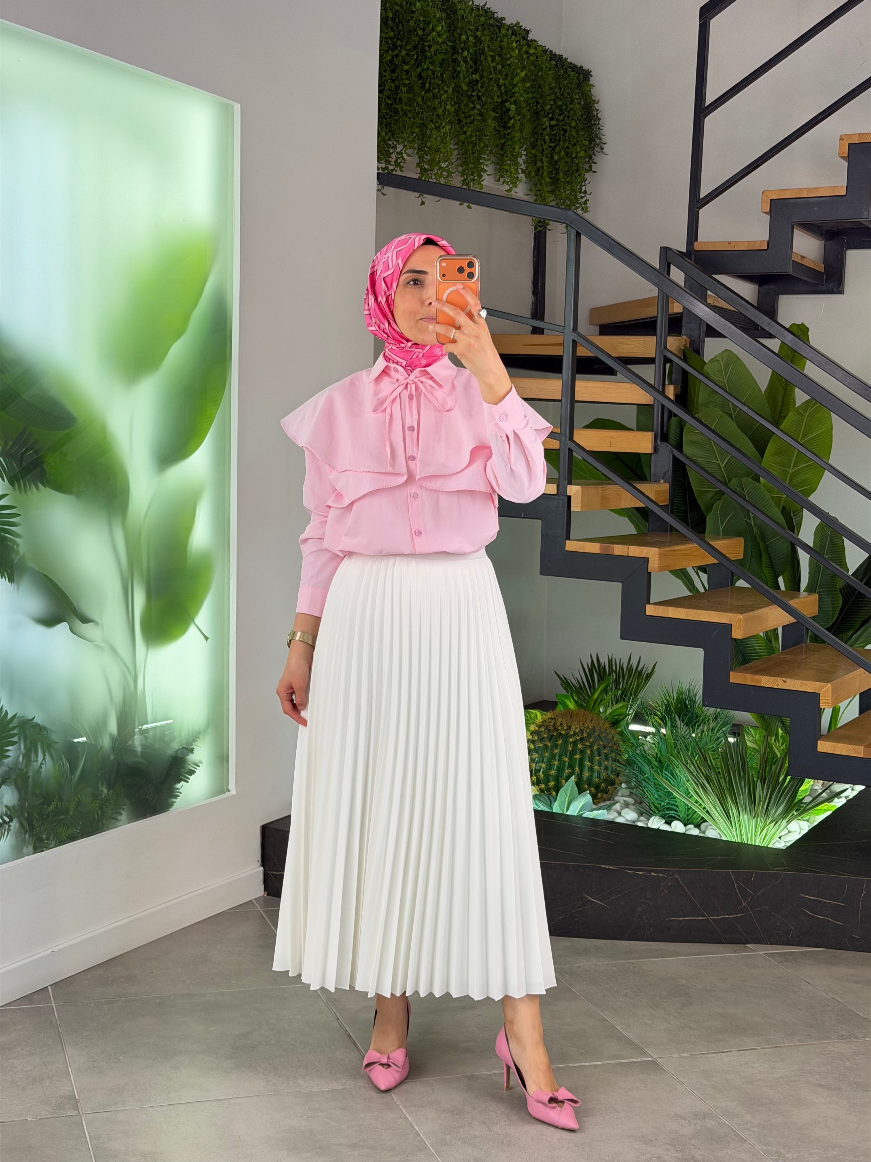 Pembe Renk Pelerin Detaylı Poplin Gömlek