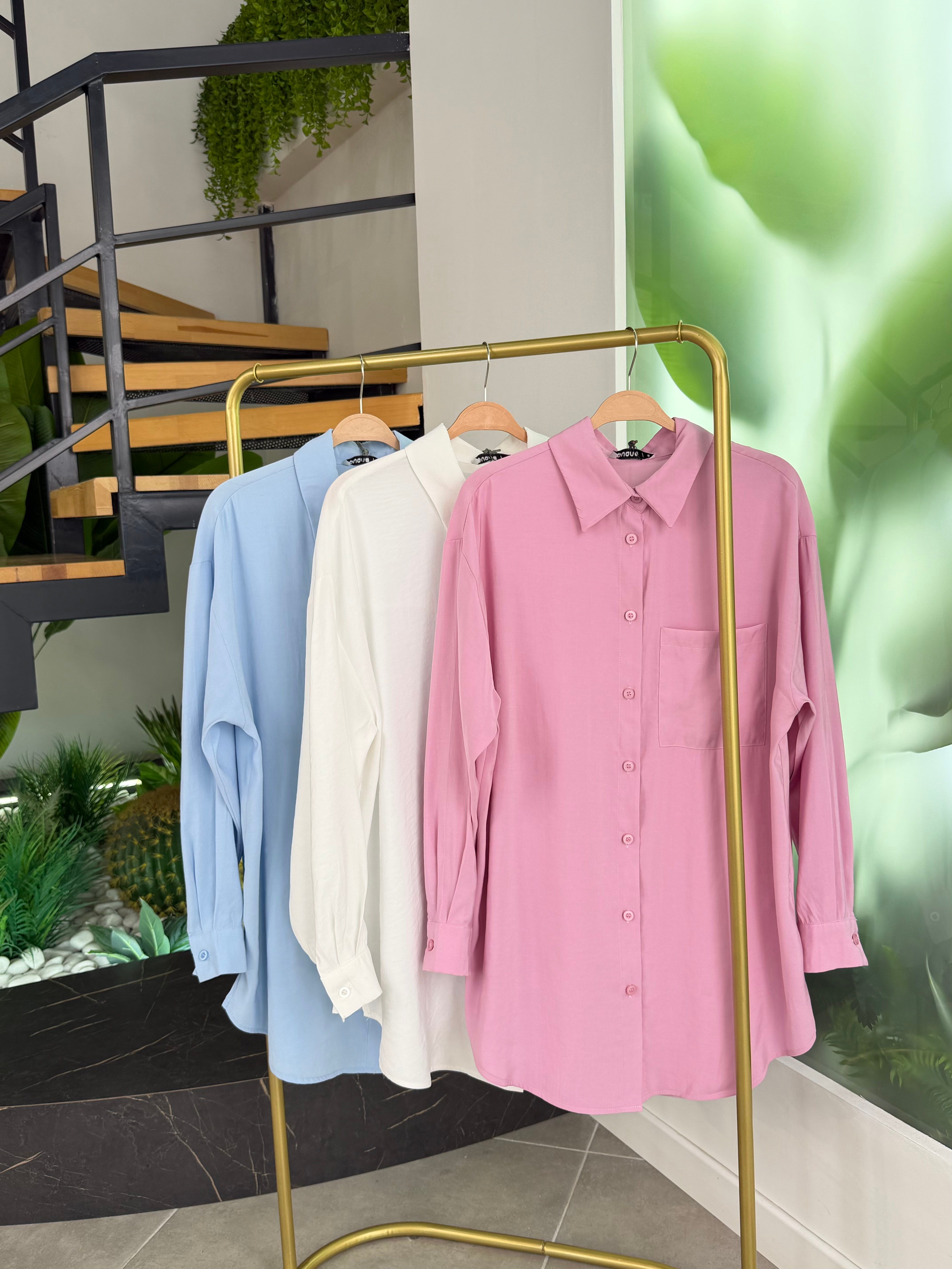 Pembe Renk Rayon Kumaş Basic Gömlek