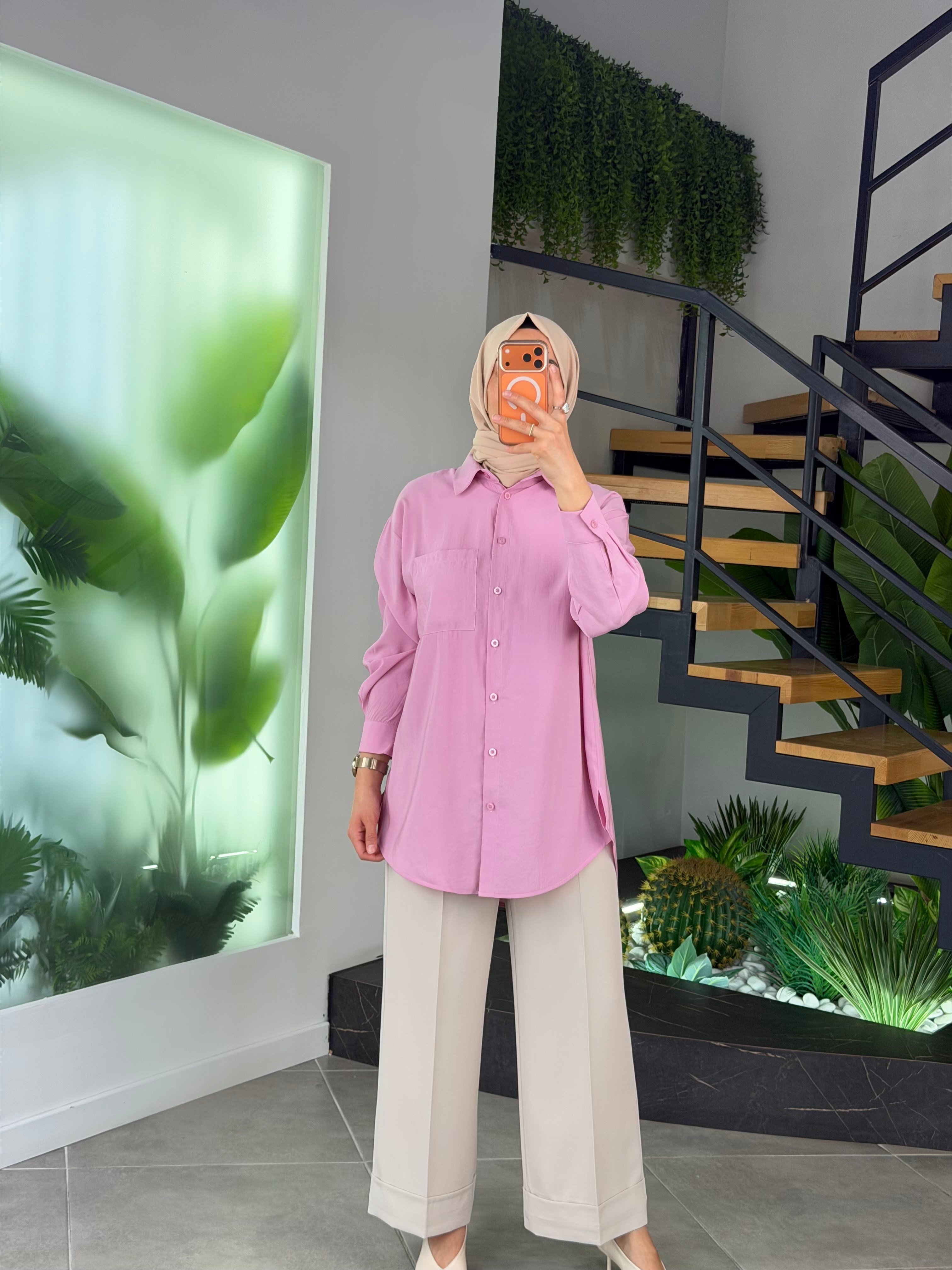 Pembe Renk Rayon Kumaş Basic Gömlek