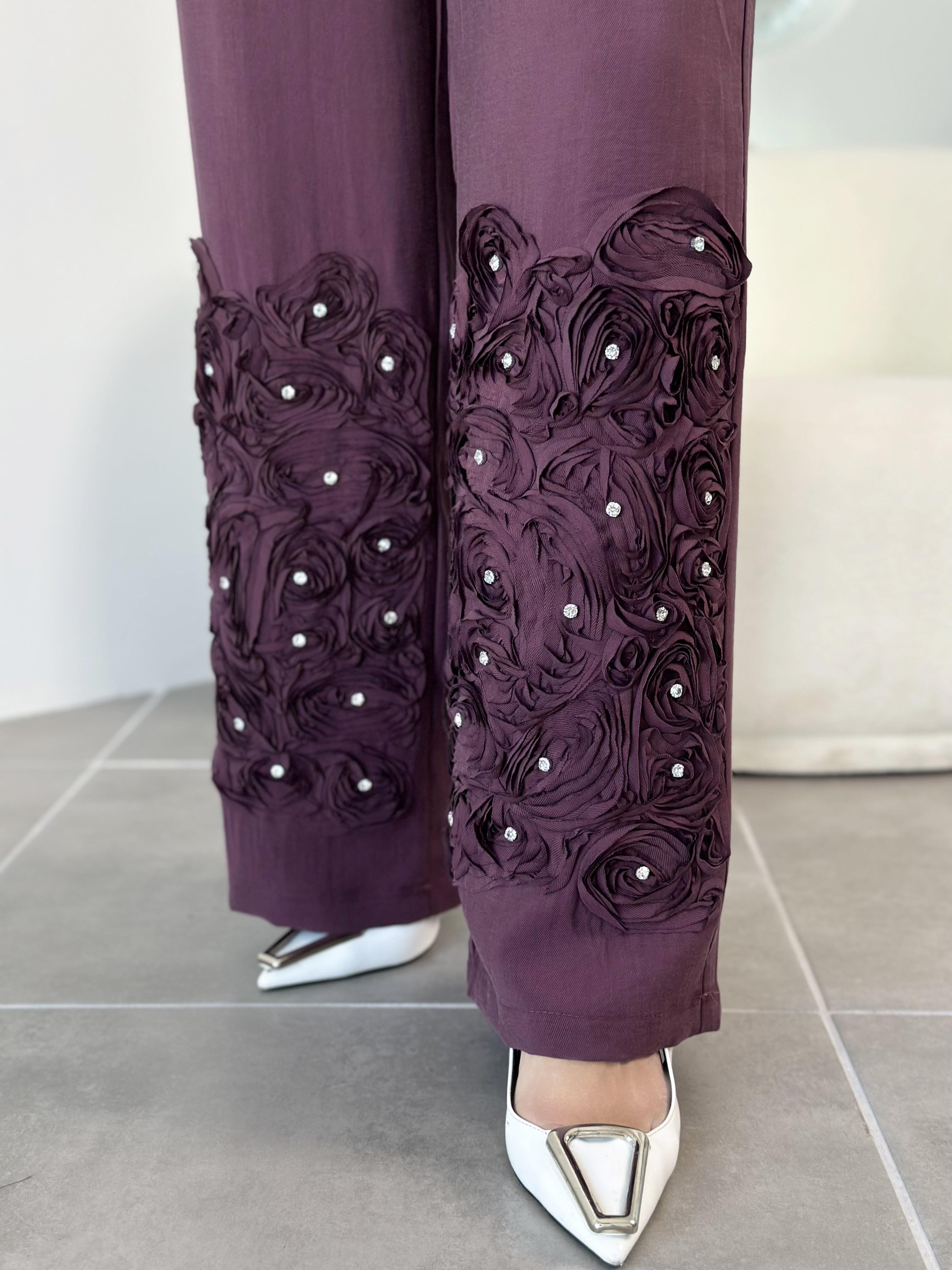 Premium Gül İşlemeli Mürdüm Renk Kadın Pantolon