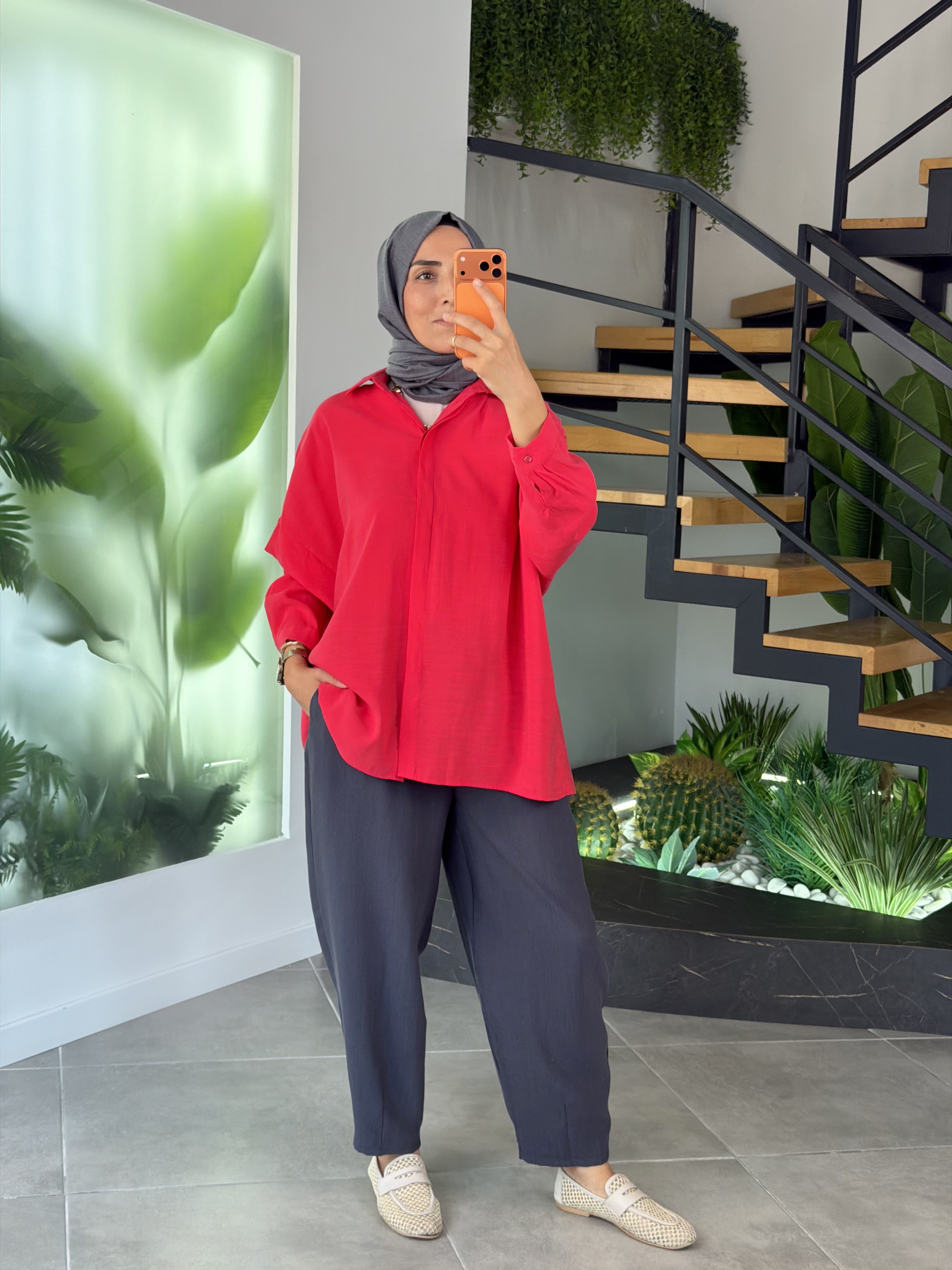 Mercan Renk Rayon Kumaş Basic Gömlek
