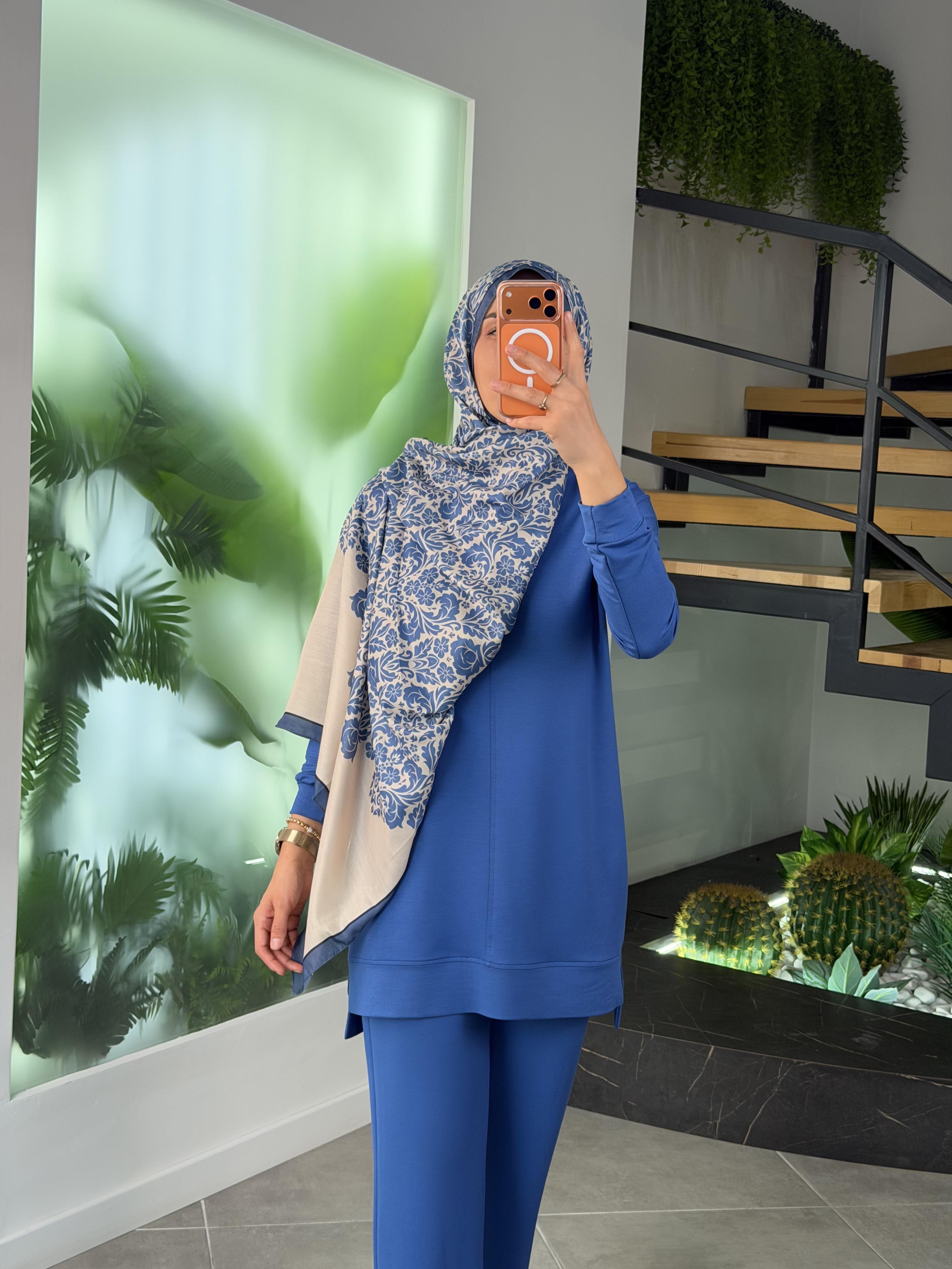 İndigo Renk Royal Motif Şal