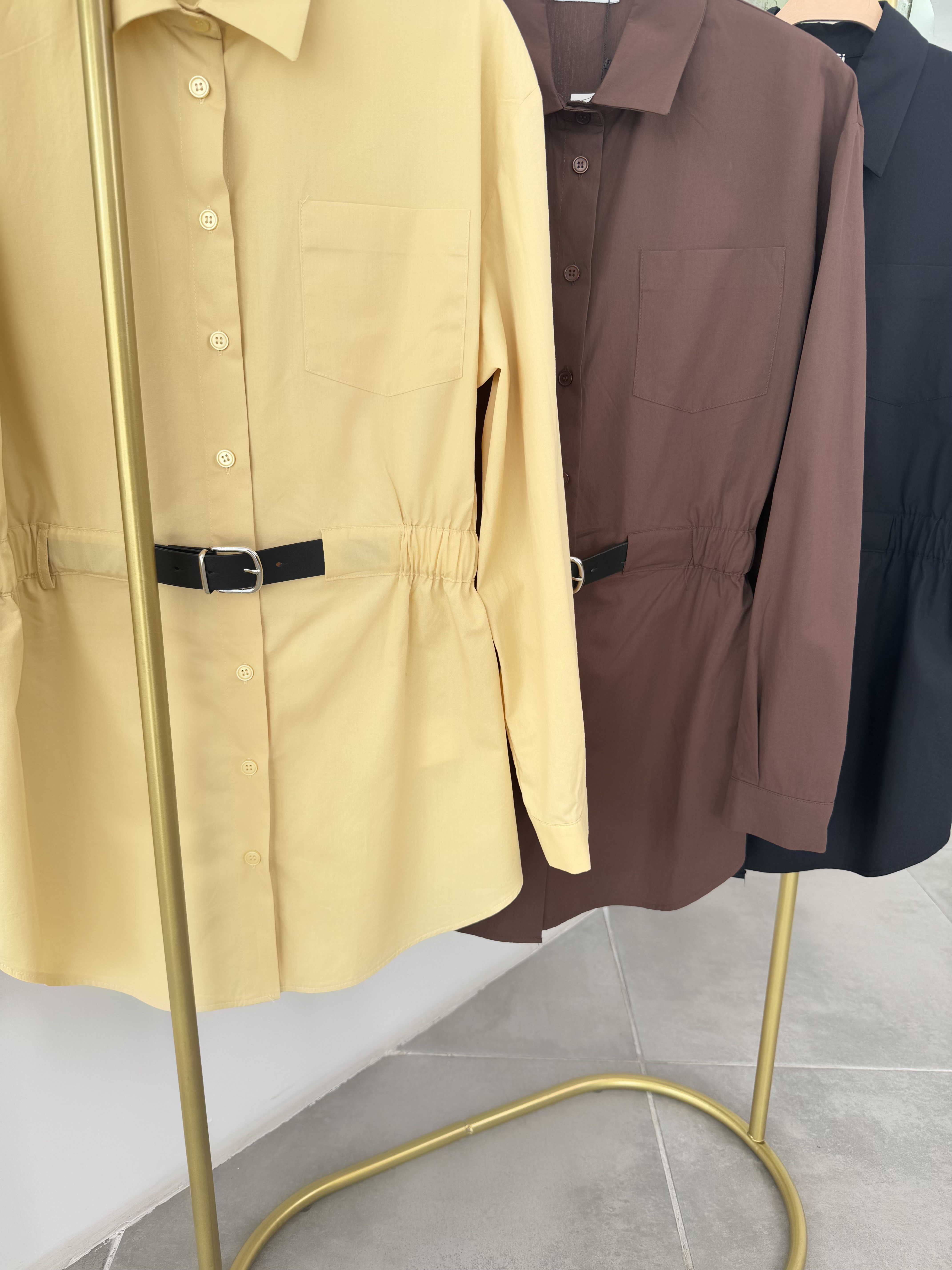 Sarı Renk Kemer Detaylı Poplin Gömlek