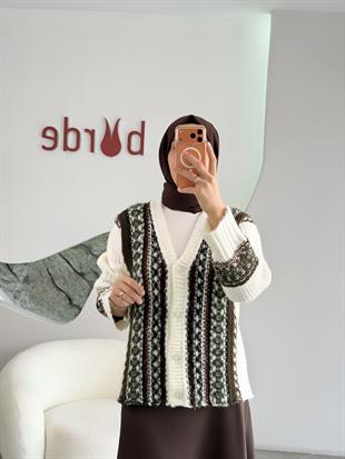  Ekru Renk Doku Desenli Triko Hırka