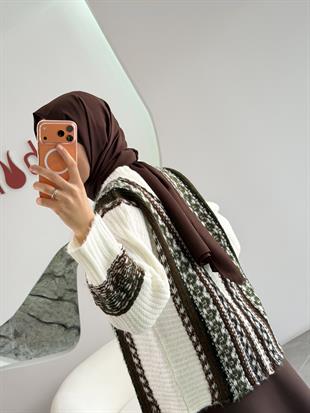  Ekru Renk Doku Desenli Triko Hırka