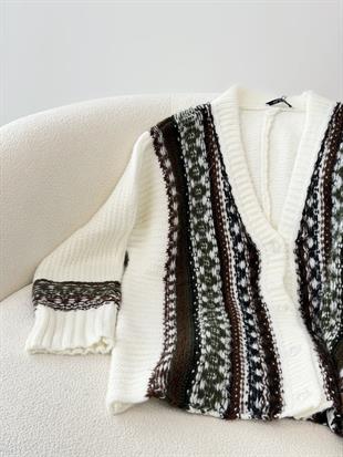  Ekru Renk Doku Desenli Triko Hırka