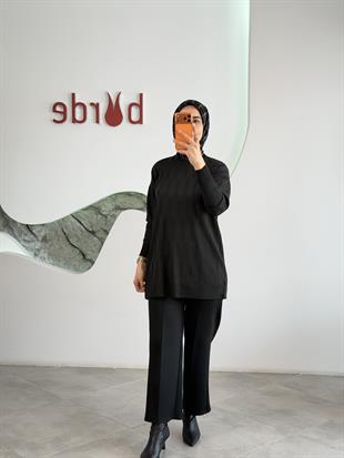  Siyah Renk Geometrik Desenli Merserize Tunik