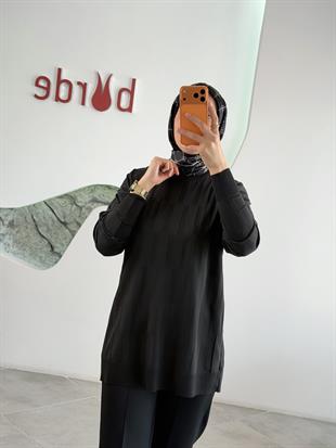  Siyah Renk Geometrik Desenli Merserize Tunik