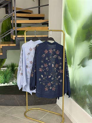 Açık Mavi Renk Taş Boncuk Ve Pulet İşlemeli Kimono