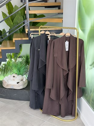 Antrasit Renk Akışkan Kesim Şal Yaka Plus Size Takım