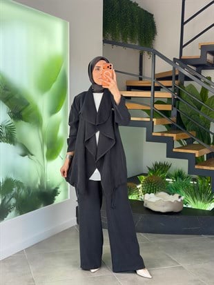 Antrasit Renk Akışkan Kesim Şal Yaka Plus SizeTakım