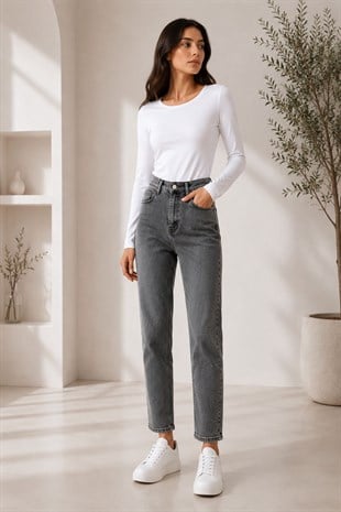 Antrasit Renk Dar Paça Beli Lastikli Denim Pantolon