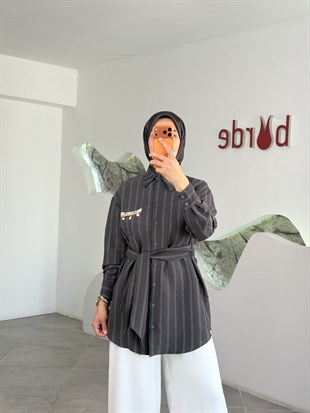 Antrasit Renk Deniz Kabuğu Detaylı Çizgili Gömlek