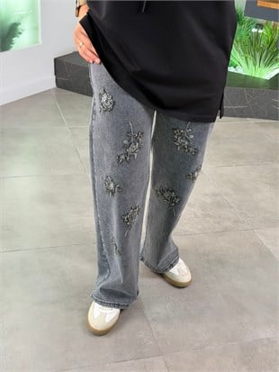 Antrasit Renk Nakış Ve Boncuk İşlemeli Jean