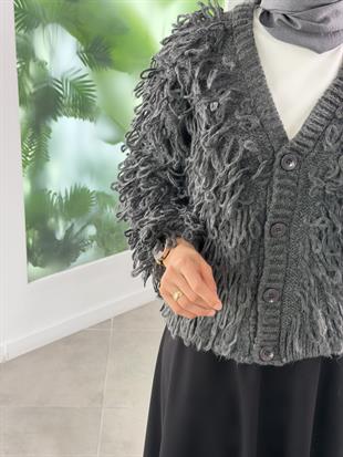 Antrasit Renk Saçaklı Triko Hırka