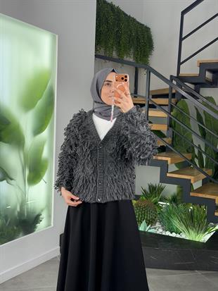 Antrasit Renk Saçaklı Triko Hırka