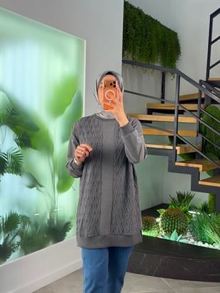 Antrasit Renk Triko Garnili Tunik