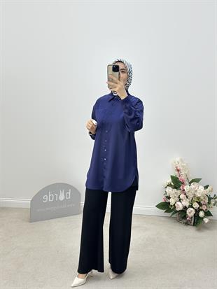 Armine Collection Chanel Saten Gömlek 24KD9240 Lacivert 