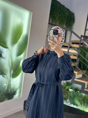Armine Collection Çizgili Pardesü 25Y9019 Lacivert  
