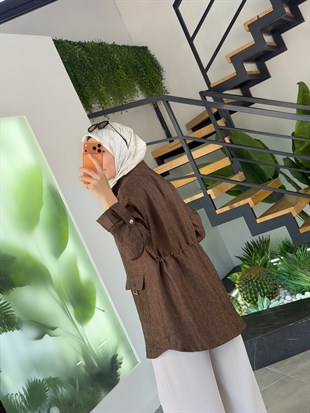 Kahve Renk Jakarlı Kumaş Ceket AGKP1214 Kahverengi