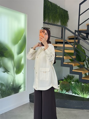 Krem Renk Jakarlı Kumaş Ceket AGKP1214 Krem
