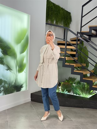 Armine Trend Aller Detaylı Zincir Çiçek Desenli Tunik Gömlek 26YT407 Taş