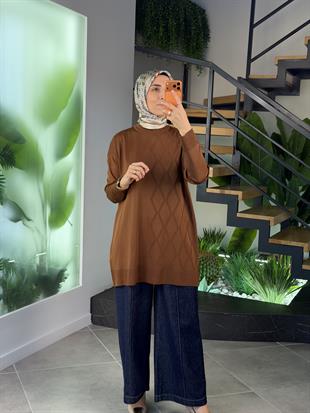 Armine Trend Baklava Desen Detaylı Merserize Kadın Tunik 25YTD4118 Camel 