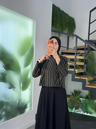 Armine Trend Bluzu Desenli Etekli Takım 25KT6117 Siyah-Petrol
