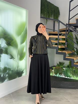 Armine Trend Bluzu Desenli Etekli Takım 25KT6117 Siyah-Petrol
