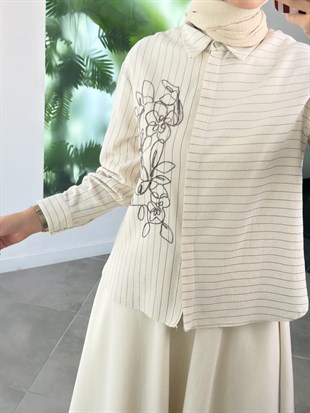 Armine Trend Ceketi Çizgili Nakış Detaylı Takım 26YT6126 Krem