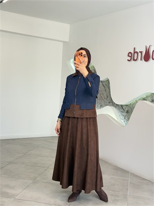 Armine Trend Denim Kumaş Garnili Süet Etekli Takım 26KT607 Lacivert