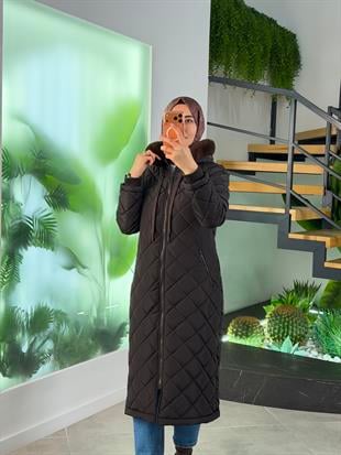 Armine Trend Kapüşonu Kürk Detaylı Şişme Mont 25KT702 Kahverengi