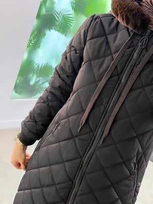 Armine Trend Kapüşonu Kürk Detaylı Şişme Mont 25KT702 Kahverengi