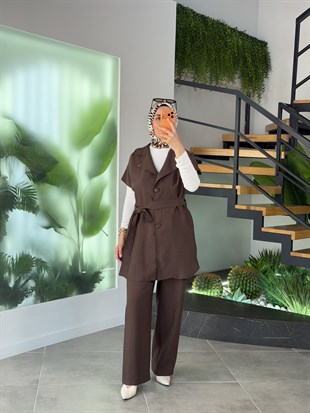 Armine Trend Kemer Detaylı Yelekli Takım 26YTD6128 Kahverengi