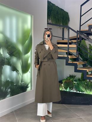 Armine Trend Kruvaze Kapamalı Kuşaklı Trench 25KT720 Haki