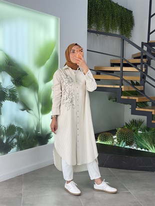 Armine Trend Nakışlı Çizgili Uzun Gömlek 26YT440 Krem